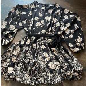 Mittoshop Black Floral Dress Mini Tie Waist Long Sleeve